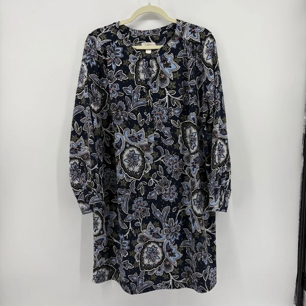Loft Womens Large Blue Floral Paisley Shift Dress Long Sleeve‎ Split Neck Split